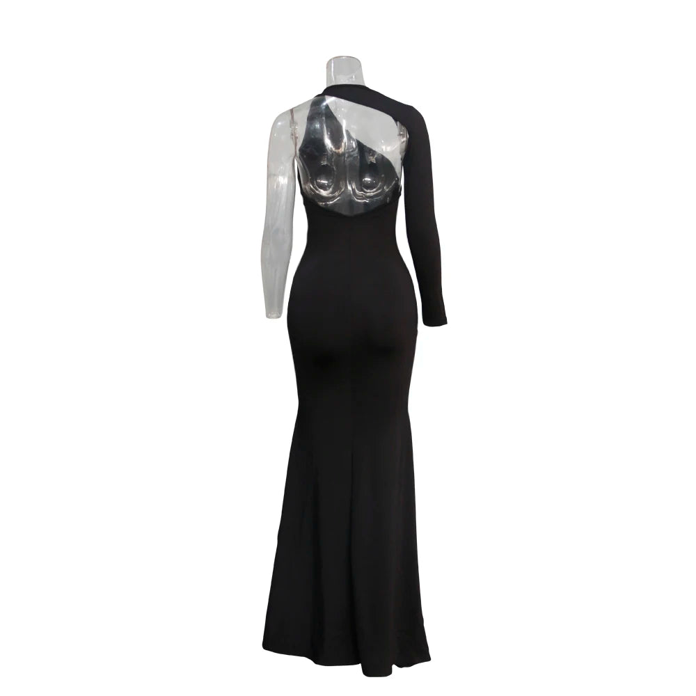 Vestido largo de primavera y otoño: vestido holgado con mangas anchas, tejido elástico, diseño de un solo hombro y corte ajustado para mujer.