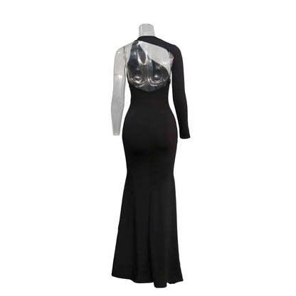 Vestido largo de primavera y otoño: vestido holgado con mangas anchas, tejido elástico, diseño de un solo hombro y corte ajustado para mujer.
