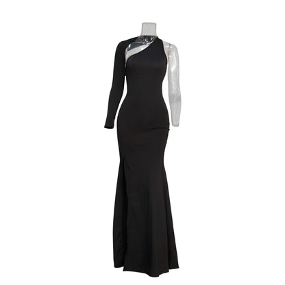 Vestido largo de primavera y otoño: vestido holgado con mangas anchas, tejido elástico, diseño de un solo hombro y corte ajustado para mujer.