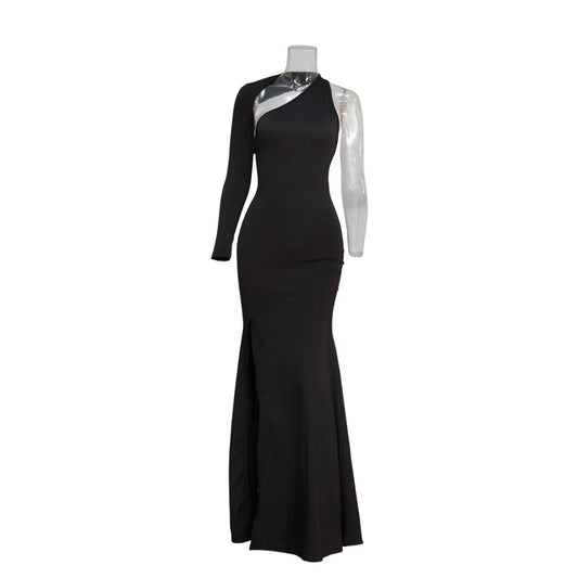 Vestido largo de primavera y otoño: vestido holgado con mangas anchas, tejido elástico, diseño de un solo hombro y corte ajustado para mujer.