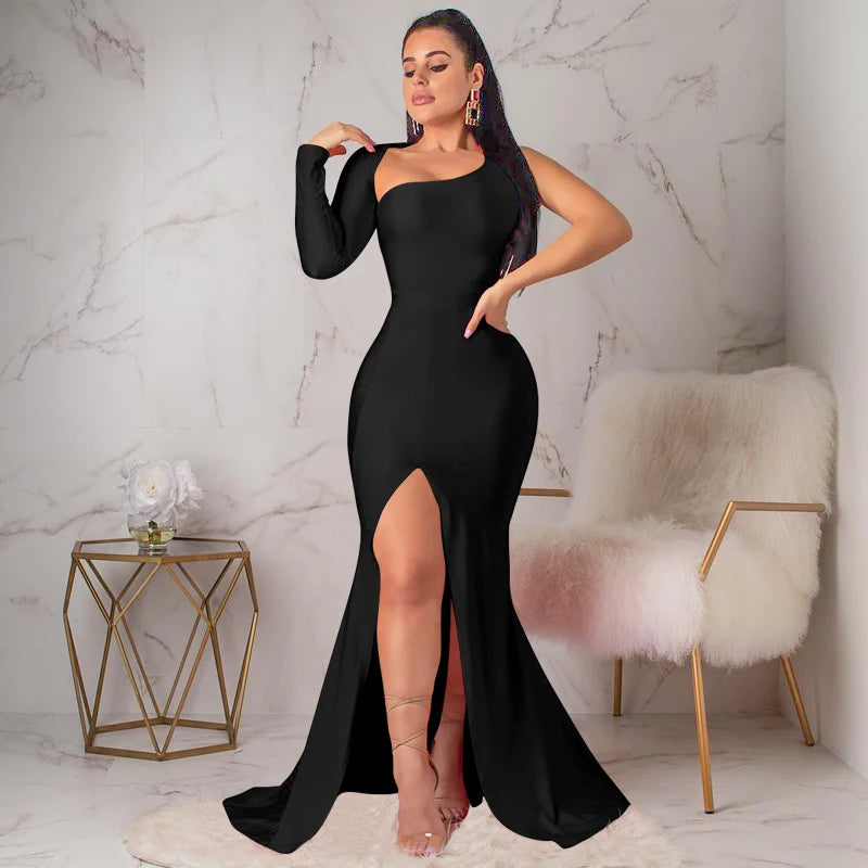 Vestido largo de primavera y otoño: vestido holgado con mangas anchas, tejido elástico, diseño de un solo hombro y corte ajustado para mujer.